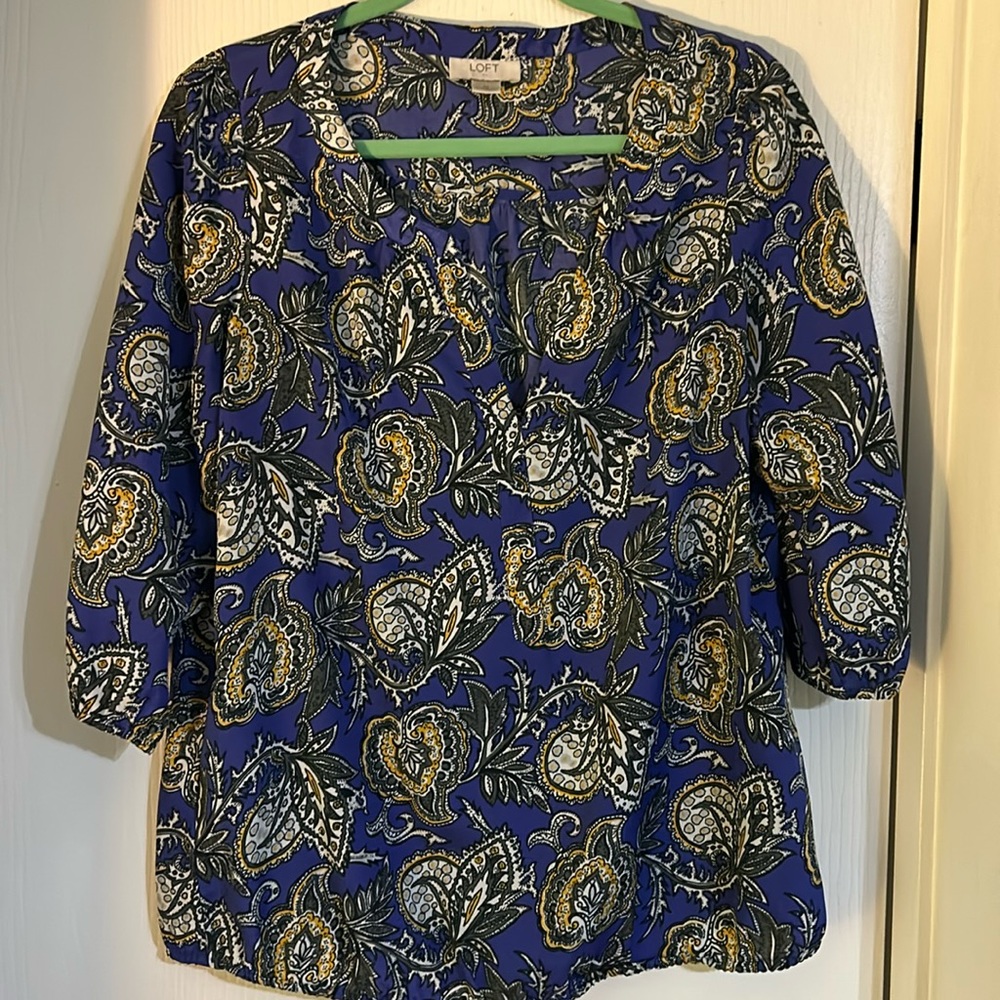 LOFT size M purple and yellow/gold three quarter sleeve blouse